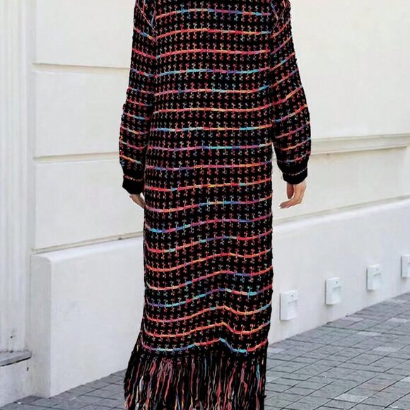 Multicolor Casual Women's Long Colorful Tasseled Knitted sweater Cardigan - Picture 2 of 5